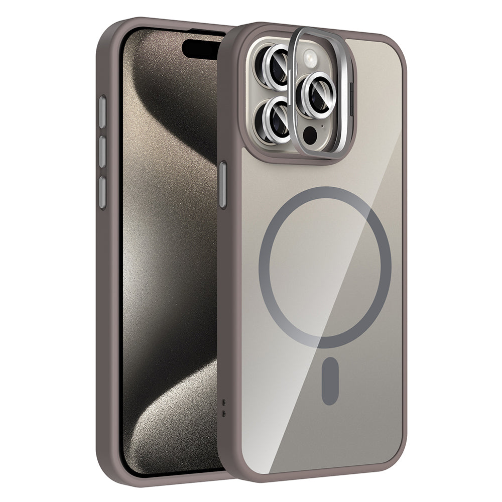 Apple iPhone 15 Pro Max Kılıf Standlı ve Kamera Lens Hediyeli M-Safe Şarj Özellikli Zore Etro Kapak Siyah