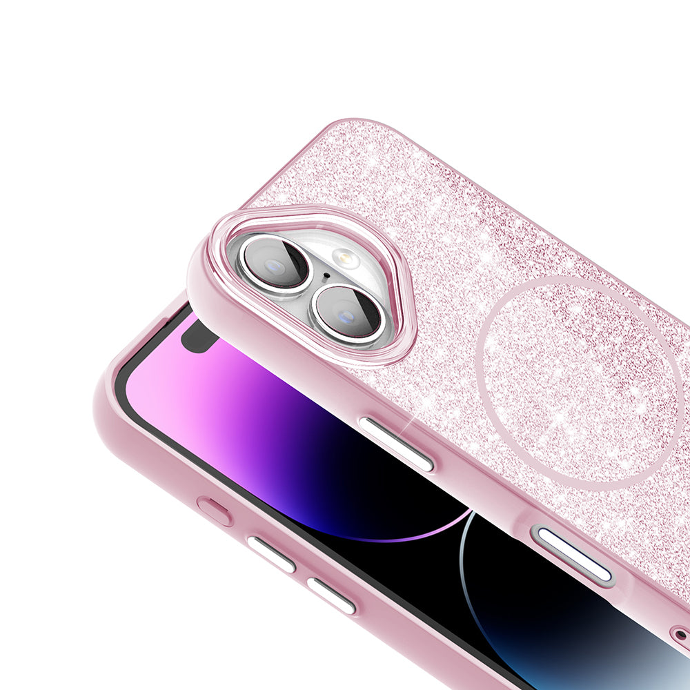 Apple iPhone 16 Kılıf Magsafe Şarj Özellikli Parlayan Simli Zore Okso Kapak Pembe