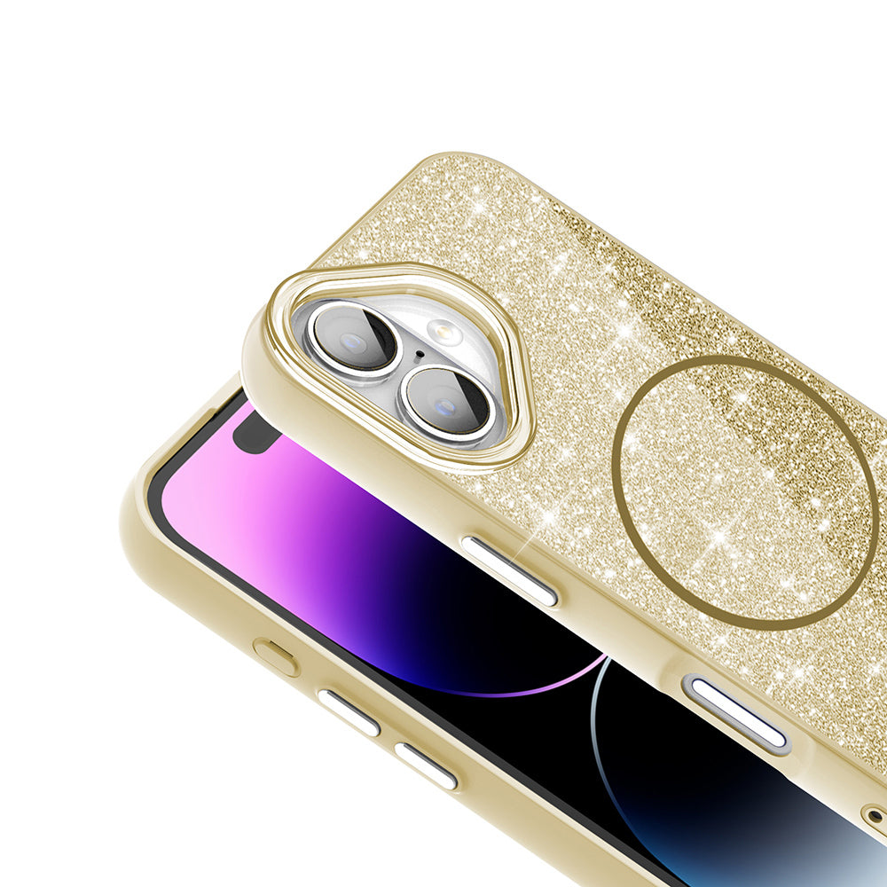 Apple iPhone 16 Kılıf Magsafe Şarj Özellikli Parlayan Simli Zore Okso Kapak Gold