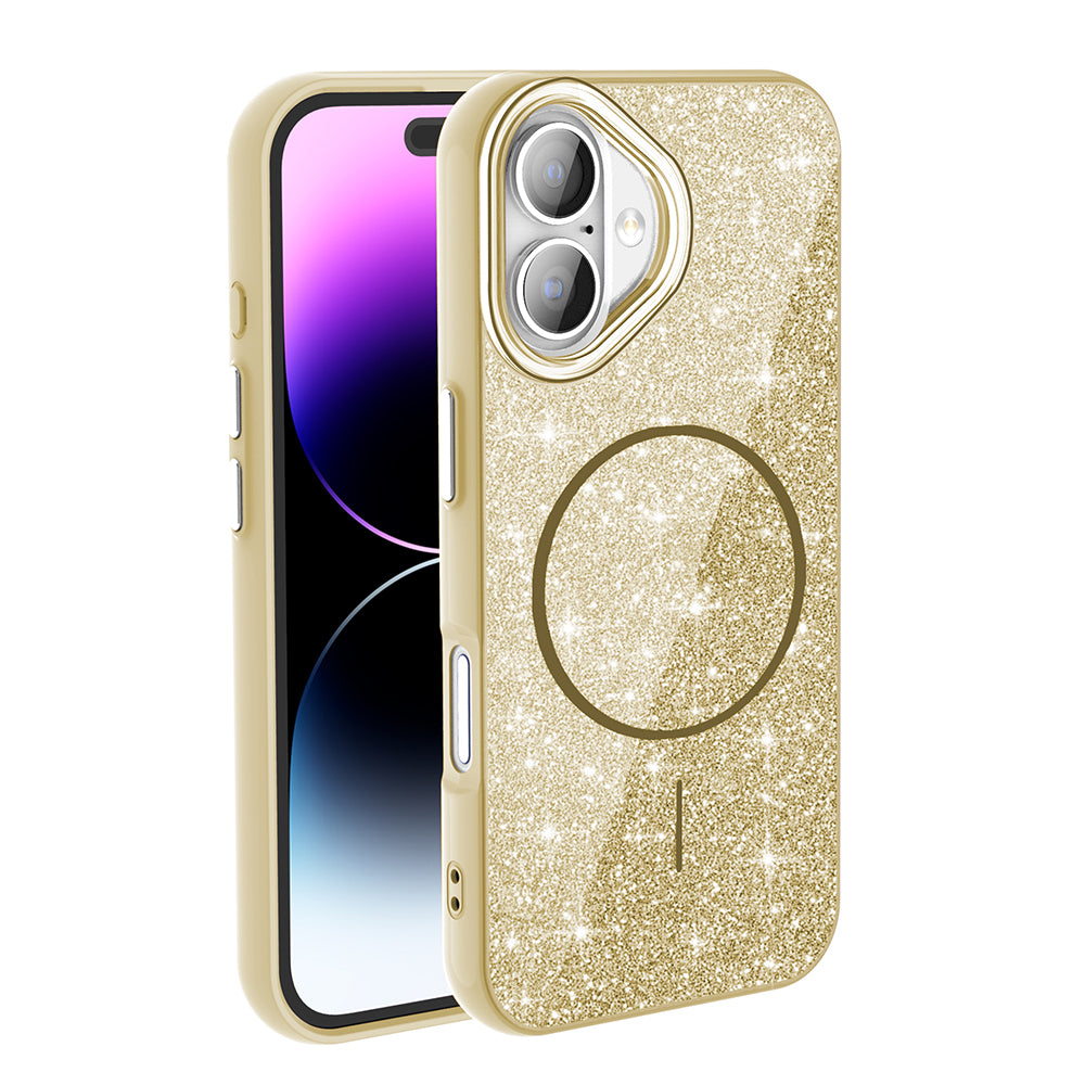 Apple iPhone 16 Plus Kılıf Magsafe Şarj Özellikli Parlayan Simli Zore Okso Kapak Gold