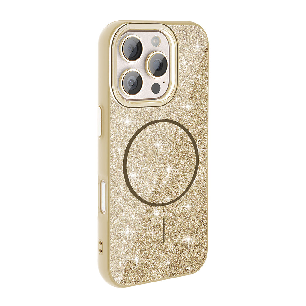Apple iPhone 16 Pro Kılıf Magsafe Şarj Özellikli Parlayan Simli Zore Okso Kapak Gold
