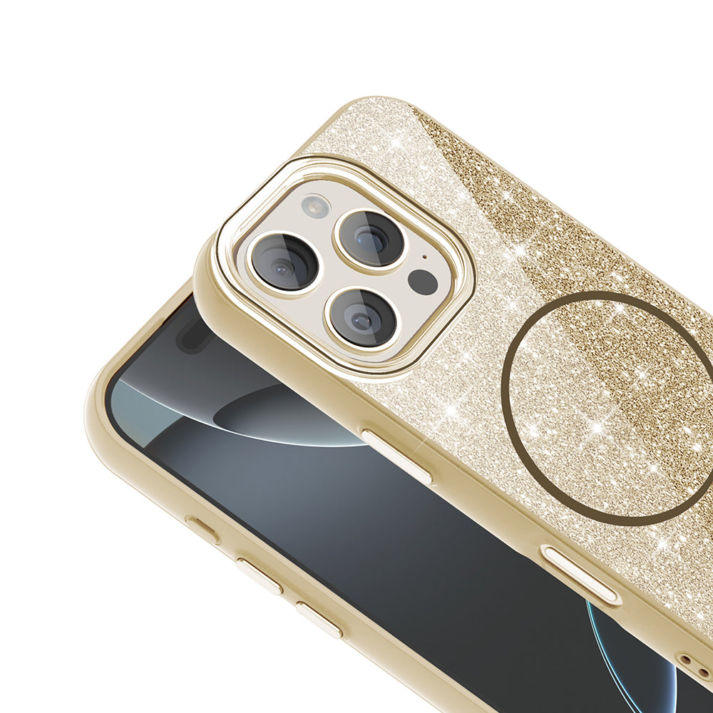 Apple iPhone 16 Pro Kılıf Magsafe Şarj Özellikli Parlayan Simli Zore Okso Kapak Gold