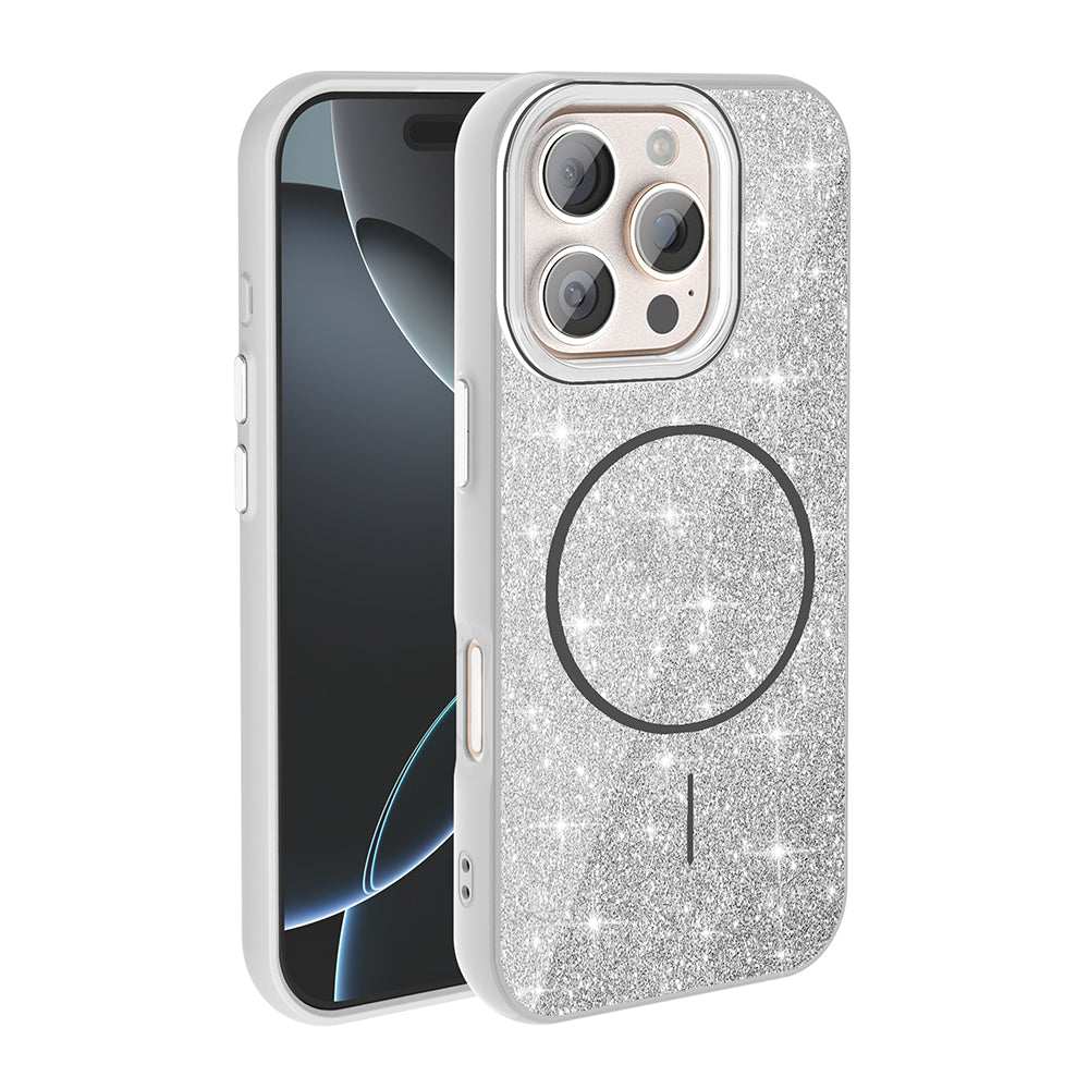 Apple iPhone 16 Pro Kılıf Magsafe Şarj Özellikli Parlayan Simli Zore Okso Kapak Beyaz