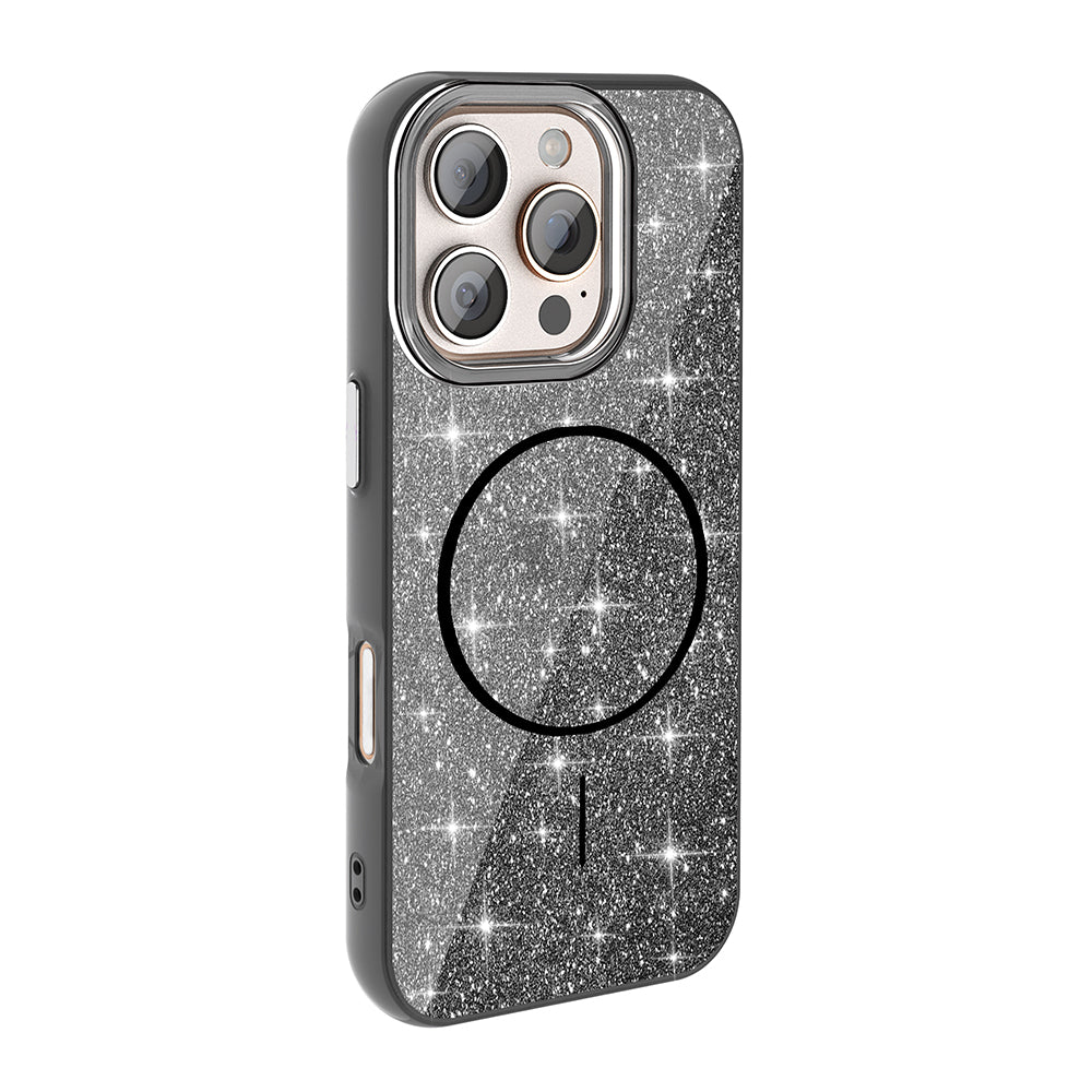 Apple iPhone 16 Pro Max Kılıf Magsafe Şarj Özellikli Parlayan Simli Zore Okso Kapak Siyah