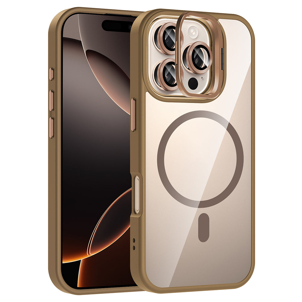 Apple iPhone 16 Pro Max Kılıf Standlı ve Kamera Lens Hediyeli M-Safe Şarj Özellikli Zore Etro Kapak Gri