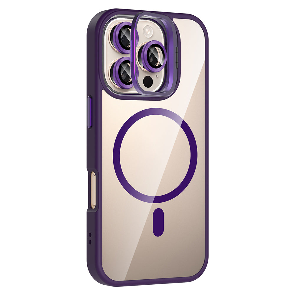 Apple iPhone 16 Pro Max Kılıf Standlı ve Kamera Lens Hediyeli M-Safe Şarj Özellikli Zore Etro Kapak Gri