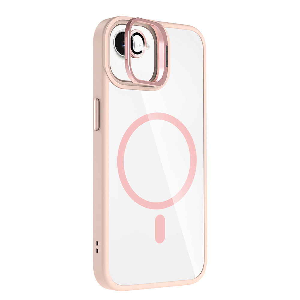 Apple iPhone 16E Kılıf Standlı ve Kamera Lens Hediyeli M-Safe Şarj Özellikli Zore Etro Kapak Gri