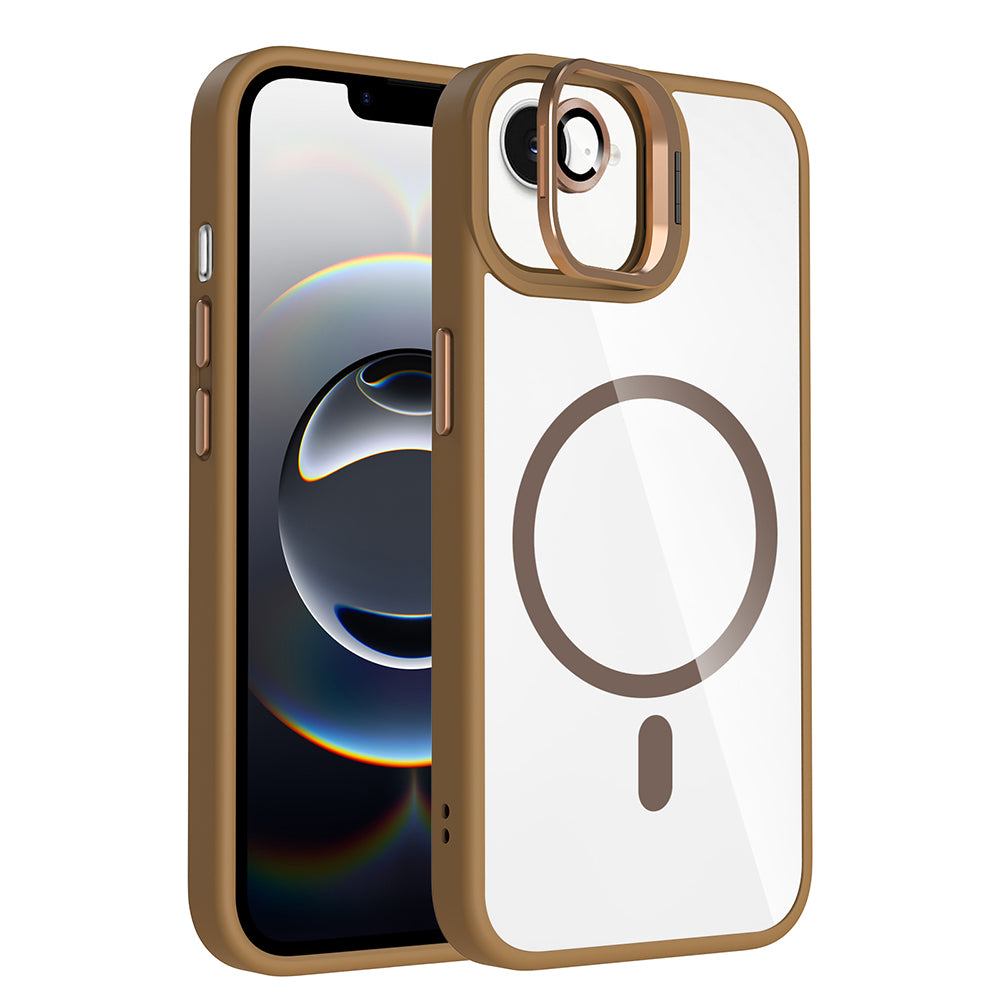 Apple iPhone 16E Kılıf Standlı ve Kamera Lens Hediyeli M-Safe Şarj Özellikli Zore Etro Kapak Desert Titanyum