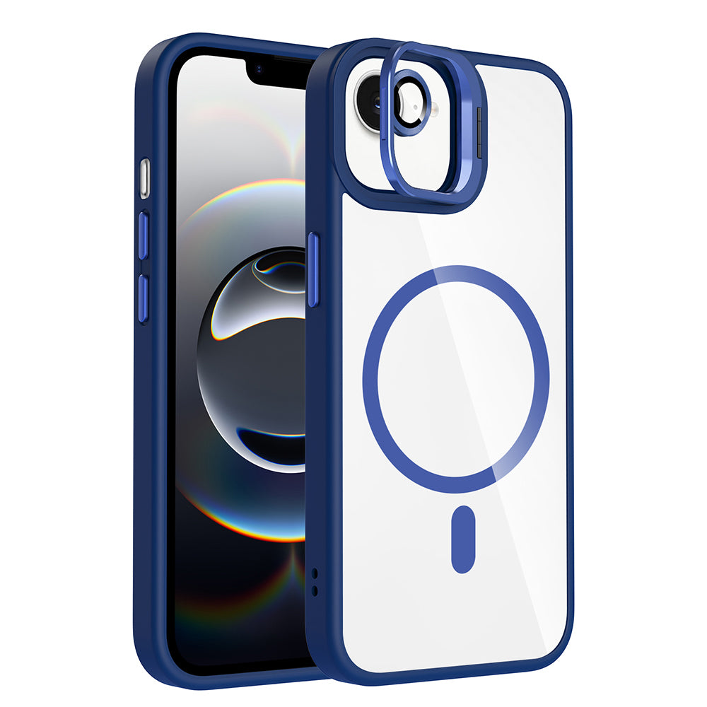 Apple iPhone 16E Kılıf Standlı ve Kamera Lens Hediyeli M-Safe Şarj Özellikli Zore Etro Kapak Lacivert