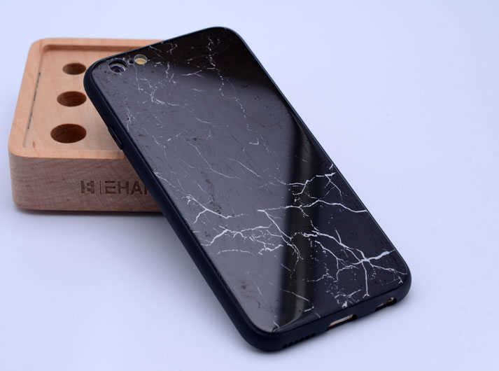 Apple iPhone 6 Plus Kılıf Zore Ebruli Cam Kapak Yeni Desen Siyah