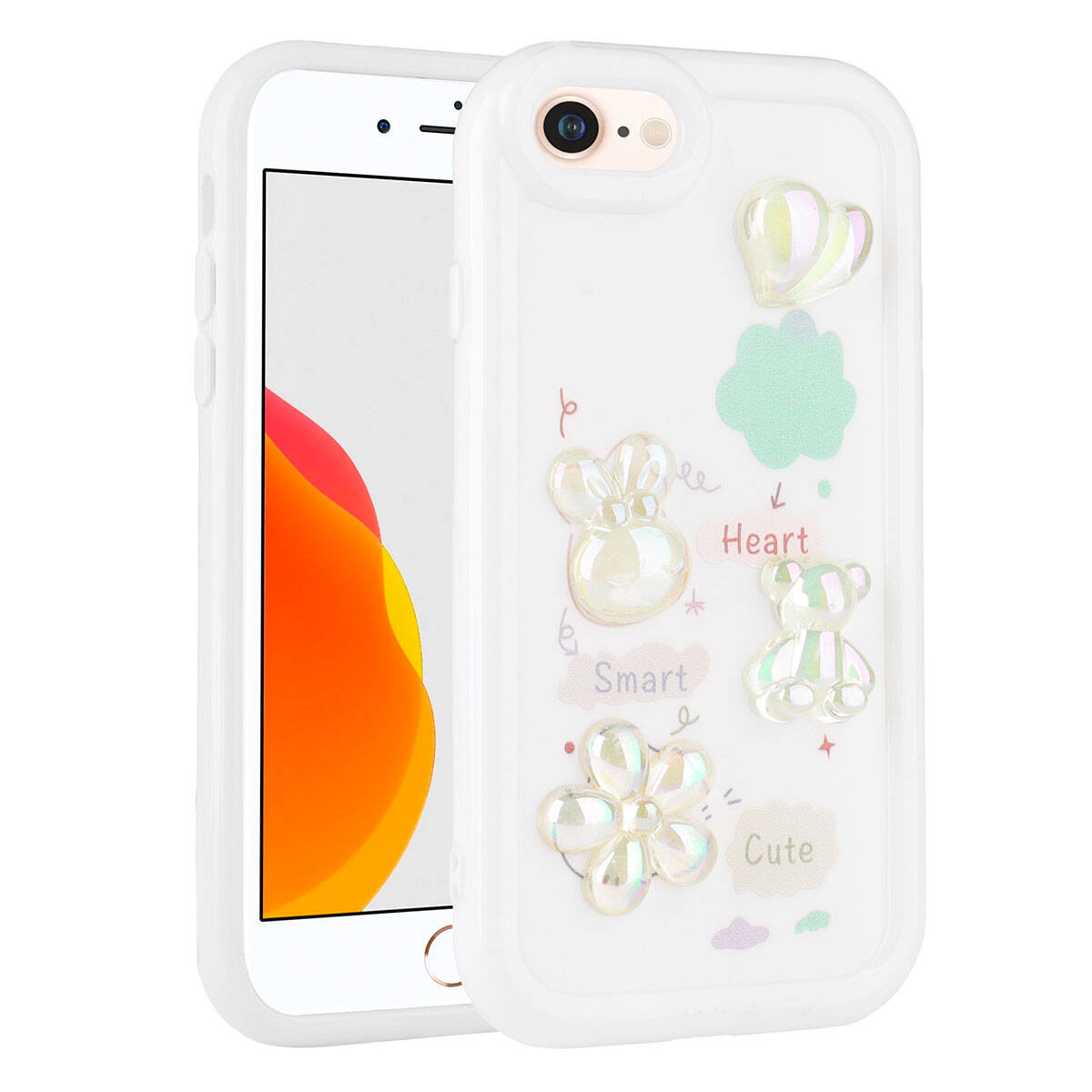 Apple iPhone 7 Kılıf Kabartma Figürlü Parlak Zore Toys Silikon Kapak Beyaz