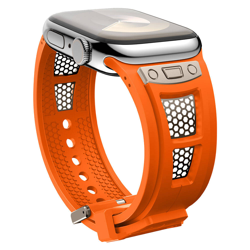 Apple Watch 42mm Zore KRD-117 Hava Alabilen Delikli Metal Süslemeli Desenli Silikon Kordon Titanyum-Turuncu