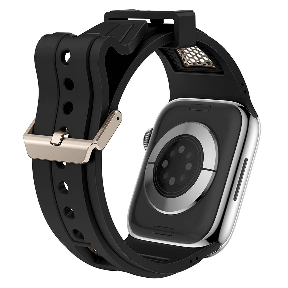 Apple Watch 42mm Zore KRD-117 Hava Alabilen Delikli Metal Süslemeli Desenli Silikon Kordon Titanyum-Yeşil