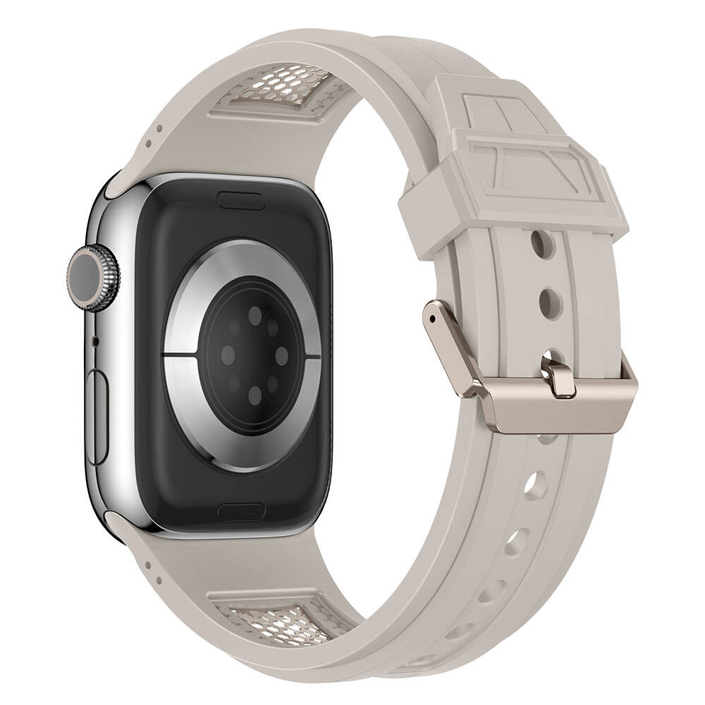 Apple Watch 42mm Zore KRD-117 Hava Alabilen Delikli Metal Süslemeli Desenli Silikon Kordon Titanyum-Turuncu