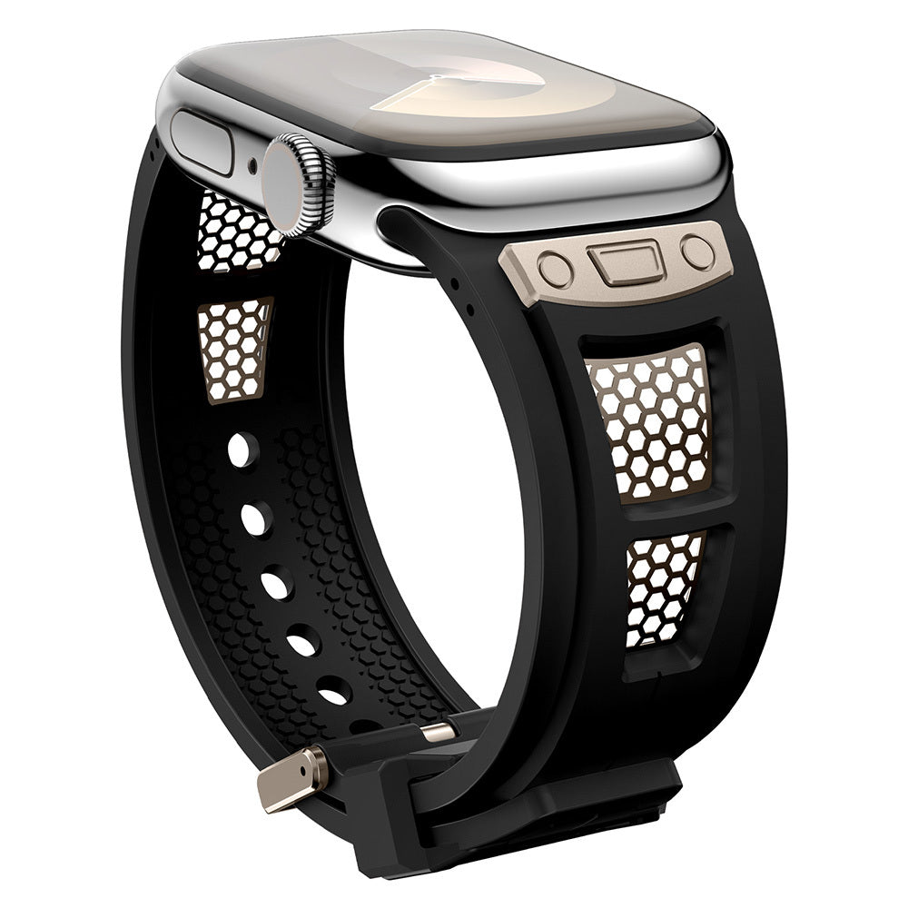 Apple Watch 42mm Zore KRD-117 Hava Alabilen Delikli Metal Süslemeli Desenli Silikon Kordon Titanyum-Siyah