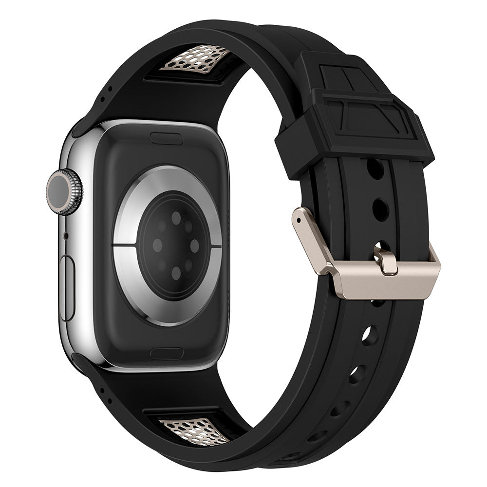Apple Watch 42mm Zore KRD-117 Hava Alabilen Delikli Metal Süslemeli Desenli Silikon Kordon Titanyum-Starlight