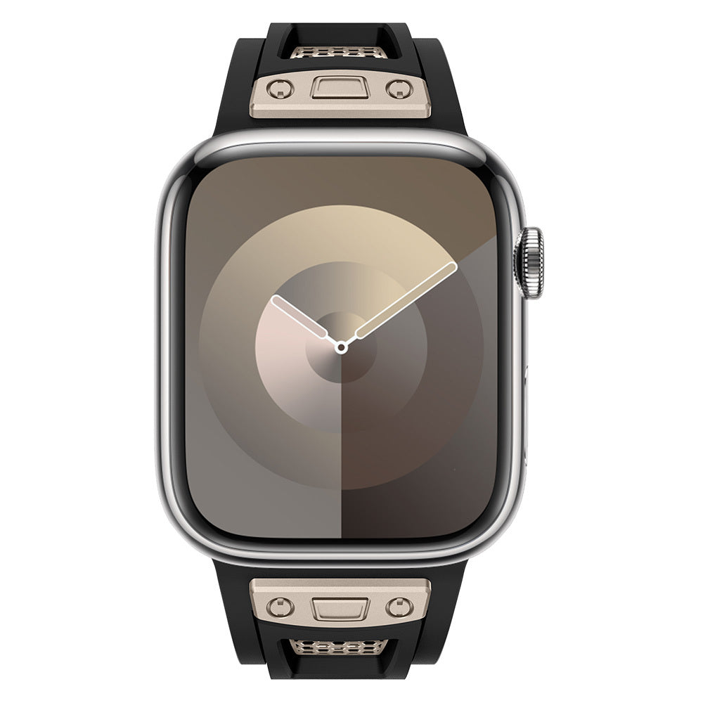 Apple Watch 42mm Zore KRD-117 Hava Alabilen Delikli Metal Süslemeli Desenli Silikon Kordon Titanyum-Turuncu
