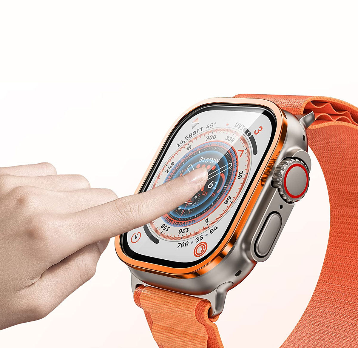 Apple Watch Ultra 49mm Zore ALM-01 Metal Çerçeveli Ekran Koruyucu Turuncu