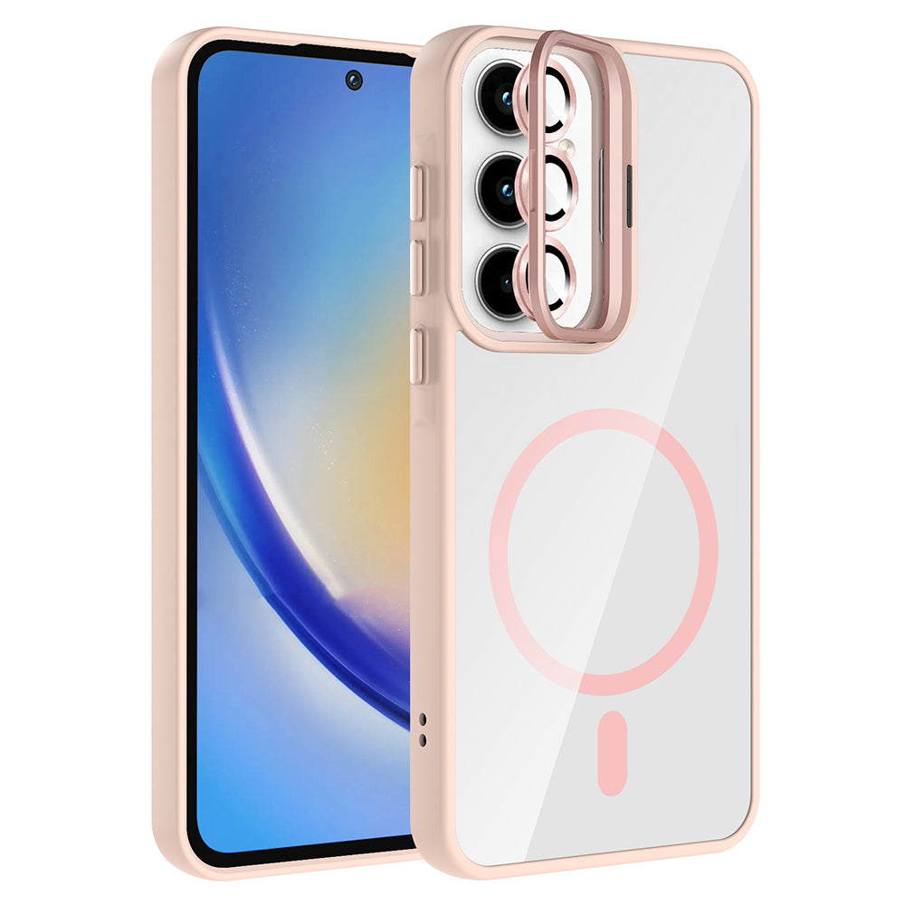 Galaxy A55 Kılıf Standlı ve Kamera Lens Hediyeli M-Safe Şarj Özellikli Zore Etro Kapak Lacivert