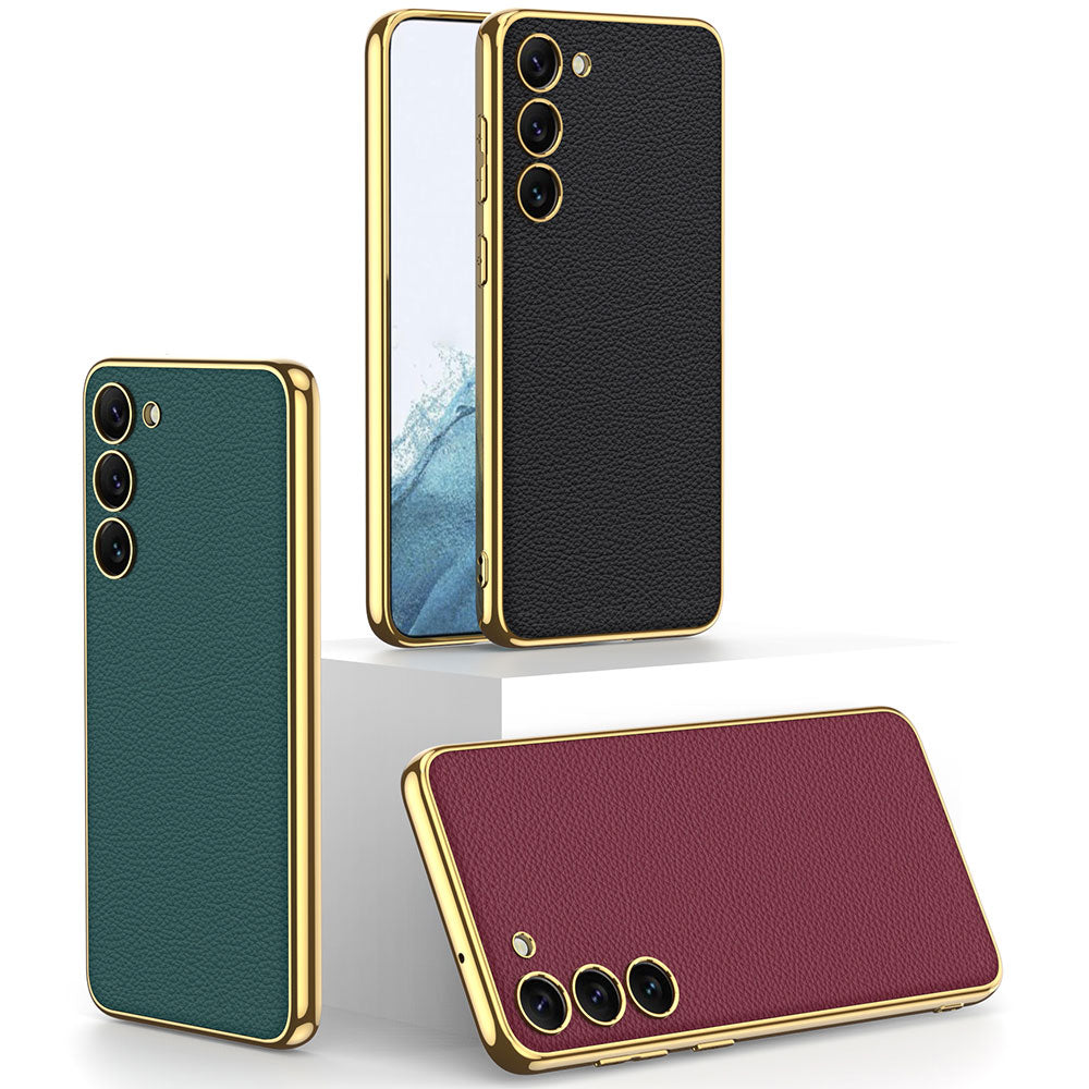 Galaxy S23 Kılıf Deri Görünümlü Kenarları Elektroplating Kaplama Zore Fizyon Kapak Siyah