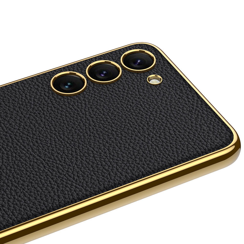 Galaxy S23 Kılıf Deri Görünümlü Kenarları Elektroplating Kaplama Zore Fizyon Kapak Siyah