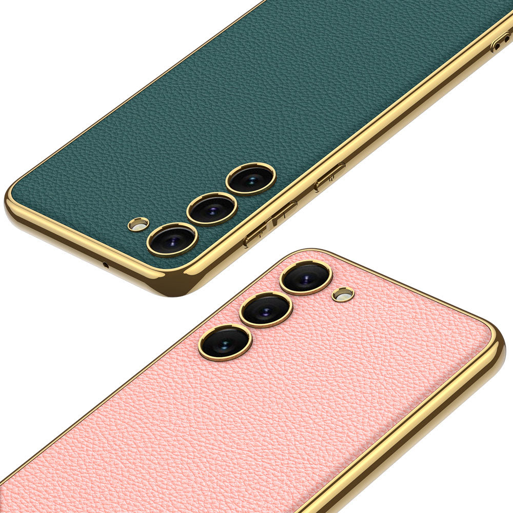 Galaxy S23 Kılıf Deri Görünümlü Kenarları Elektroplating Kaplama Zore Fizyon Kapak Siyah