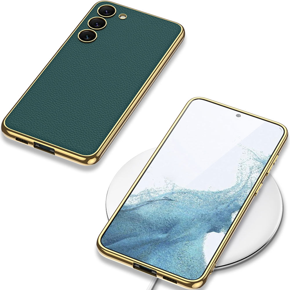 Galaxy S23 Kılıf Deri Görünümlü Kenarları Elektroplating Kaplama Zore Fizyon Kapak Siyah