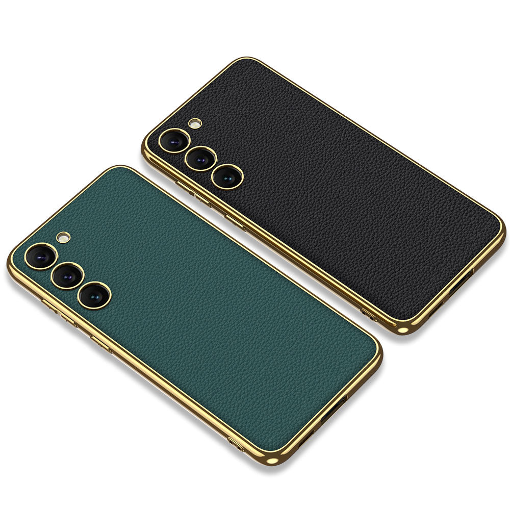 Galaxy S23 Kılıf Deri Görünümlü Kenarları Elektroplating Kaplama Zore Fizyon Kapak Siyah