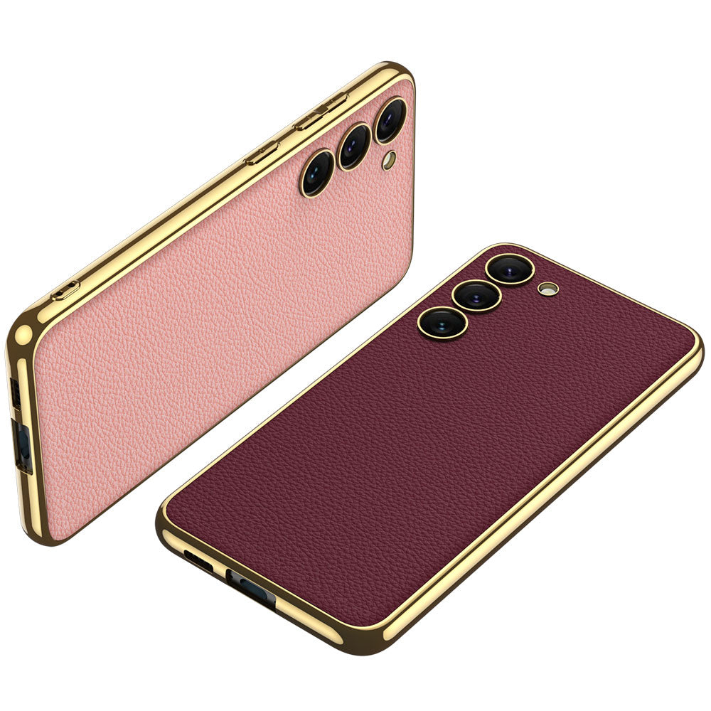 Galaxy S23 Kılıf Deri Görünümlü Kenarları Elektroplating Kaplama Zore Fizyon Kapak Siyah