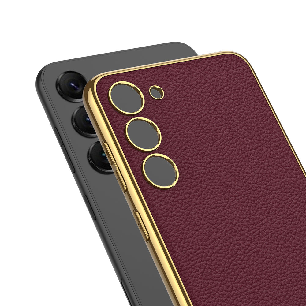 Galaxy S23 Kılıf Deri Görünümlü Kenarları Elektroplating Kaplama Zore Fizyon Kapak Siyah