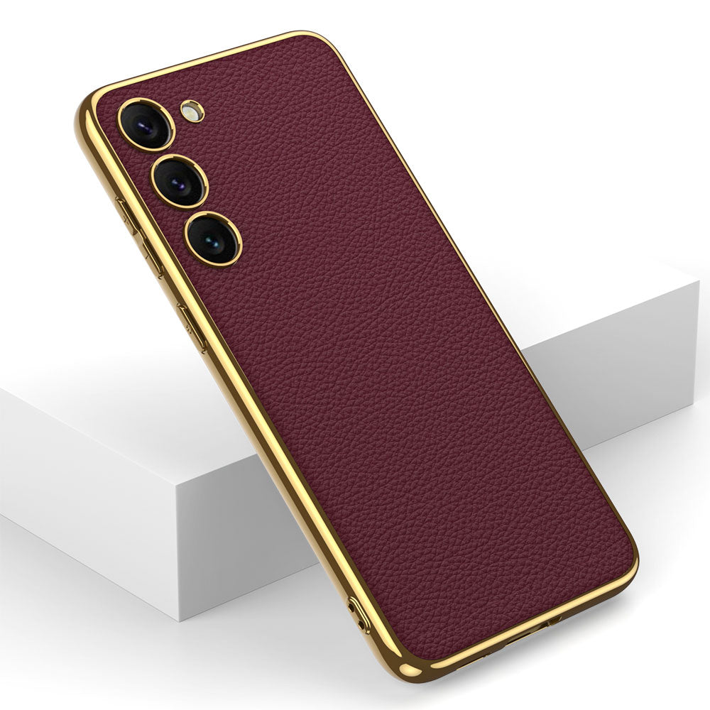 Galaxy S23 Kılıf Deri Görünümlü Kenarları Elektroplating Kaplama Zore Fizyon Kapak Siyah