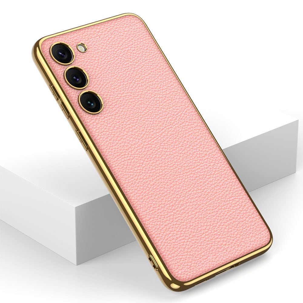 Galaxy S23 Kılıf Deri Görünümlü Kenarları Elektroplating Kaplama Zore Fizyon Kapak Siyah