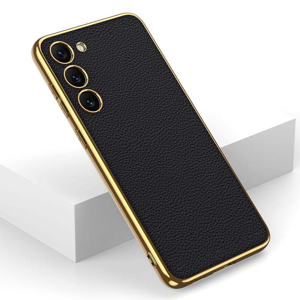 Galaxy S23 Kılıf Deri Görünümlü Kenarları Elektroplating Kaplama Zore Fizyon Kapak Siyah