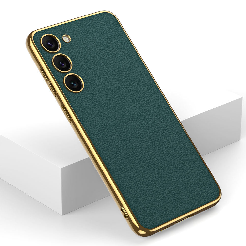 Galaxy S23 Kılıf Deri Görünümlü Kenarları Elektroplating Kaplama Zore Fizyon Kapak Siyah