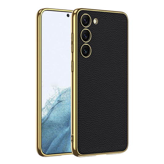 Galaxy S23 Kılıf Deri Görünümlü Kenarları Elektroplating Kaplama Zore Fizyon Kapak Siyah