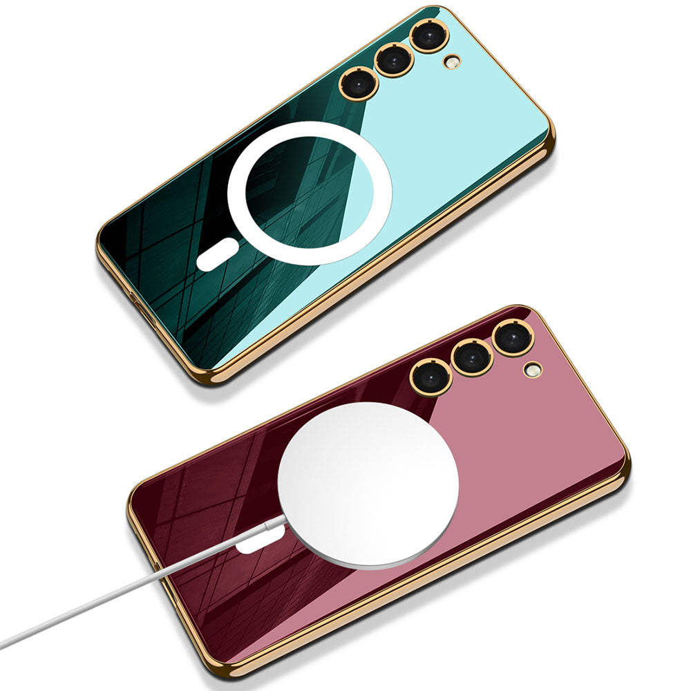 Galaxy S23 Kılıf Wireless Şarj Özellikli Kenarları Elektroplating Kaplama Aynalı Zore Kent Kapak Koyu Kırmızı