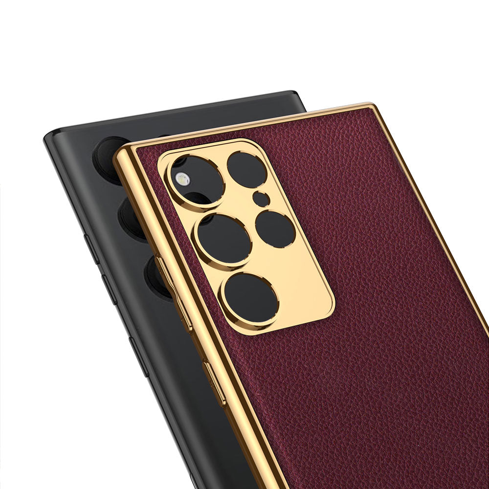 Galaxy S23 Ultra Kılıf Deri Görünümlü Kenarları Elektroplating Kaplama Zore Fizyon Kapak Pembe