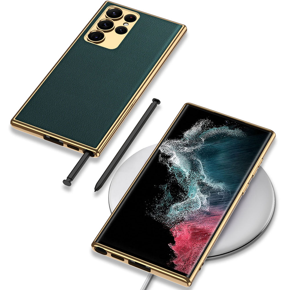 Galaxy S23 Ultra Kılıf Deri Görünümlü Kenarları Elektroplating Kaplama Zore Fizyon Kapak Kırmızı