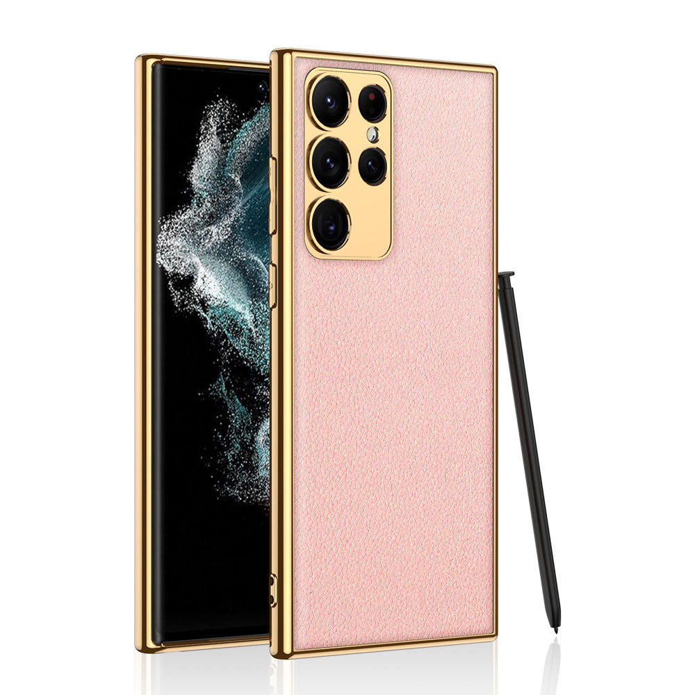 Galaxy S23 Ultra Kılıf Deri Görünümlü Kenarları Elektroplating Kaplama Zore Fizyon Kapak Pembe