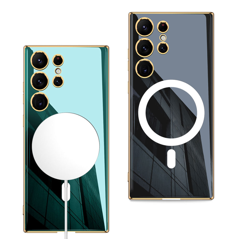 Galaxy S23 Ultra Kılıf Wireless Şarj Özellikli Kenarları Elektroplating Kaplama Aynalı Zore Kent Kapak Yeşil