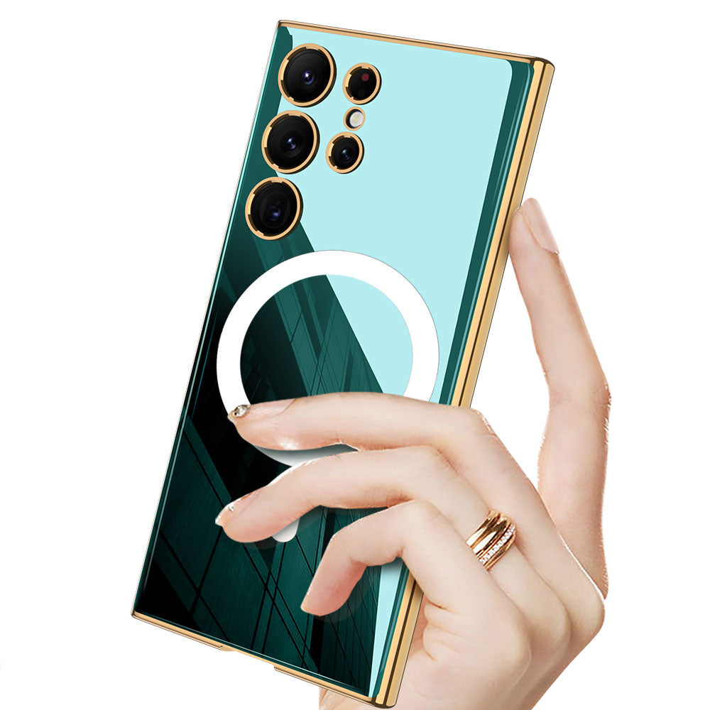 Galaxy S23 Ultra Kılıf Wireless Şarj Özellikli Kenarları Elektroplating Kaplama Aynalı Zore Kent Kapak Yeşil