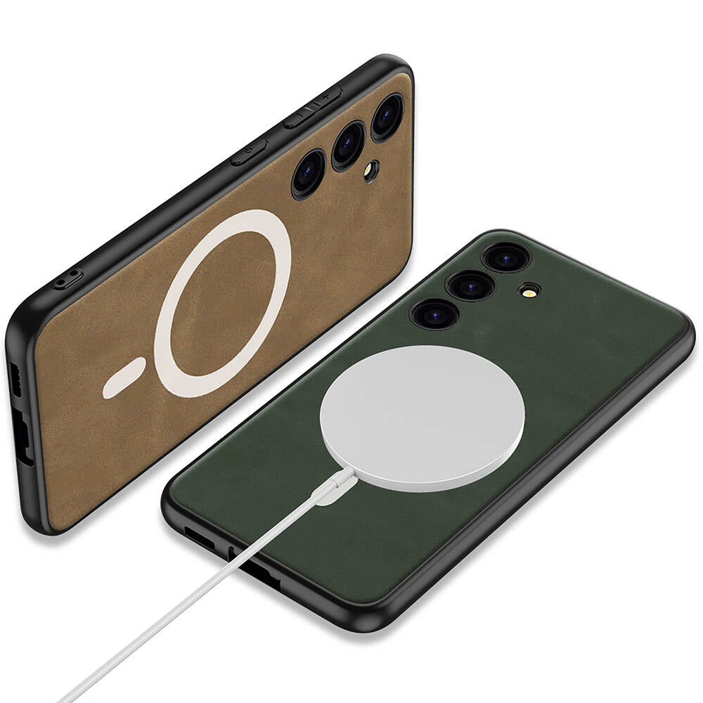 Galaxy S24 Plus Kılıf Magsafe Şarj Özellikli Deri Tasarımlı Zore Kıpta Nubuk Kapak Kahverengi