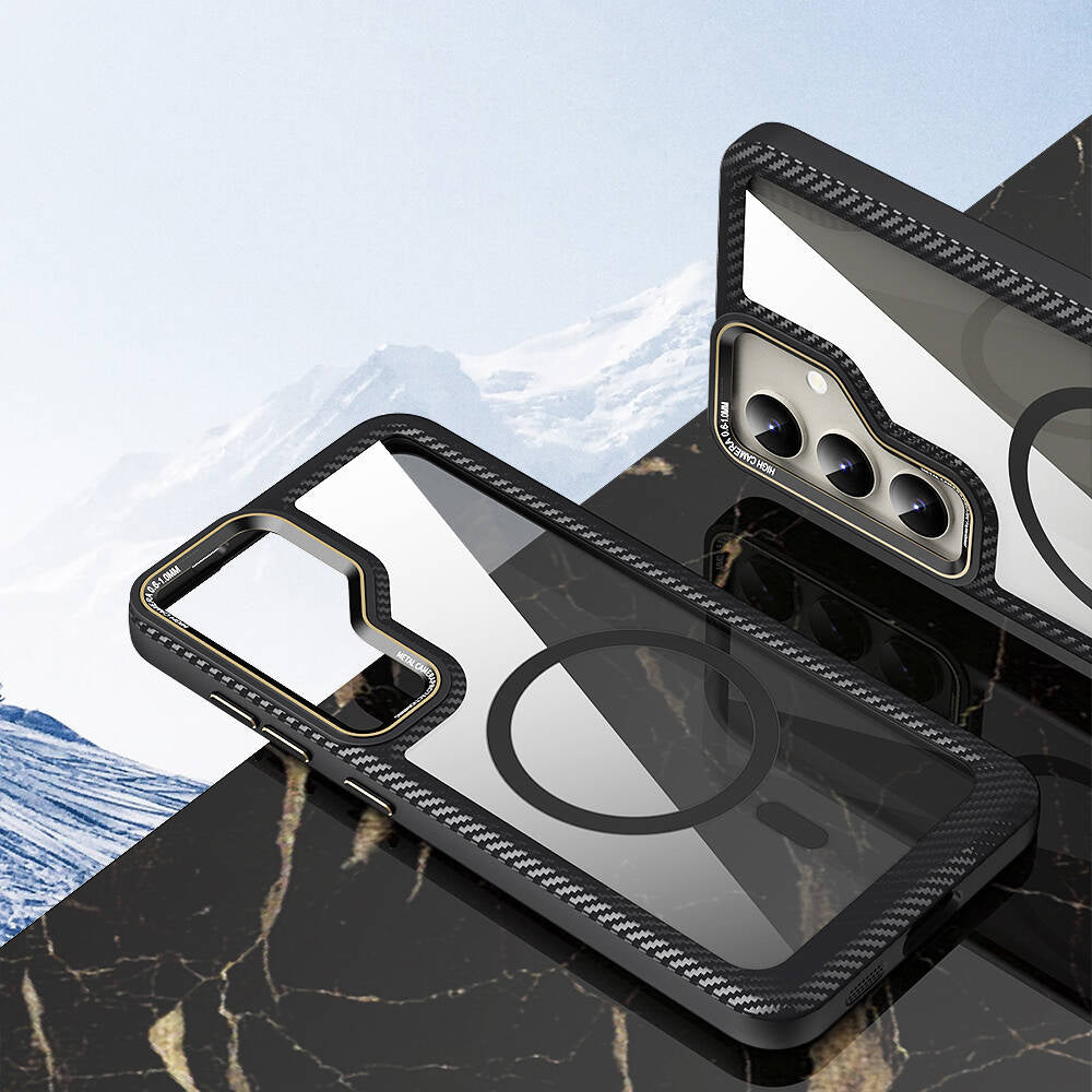 Galaxy S24 Plus Kılıf Magsafe Şarj Özellikli Sert PC Karbon Fiber Kenar Tasarımlı Zore Libero Kapak Siyah