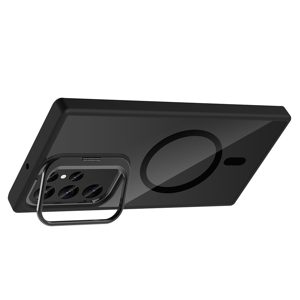 Galaxy S24 Ultra Kılıf Standlı ve Kamera Lens Hediyeli M-Safe Şarj Özellikli Zore Etro Kapak Gri