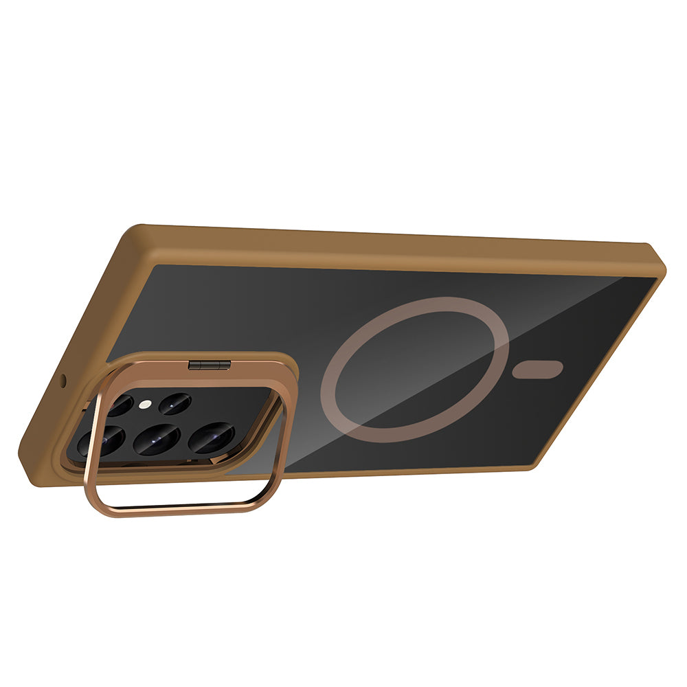 Galaxy S24 Ultra Kılıf Standlı ve Kamera Lens Hediyeli M-Safe Şarj Özellikli Zore Etro Kapak Gri