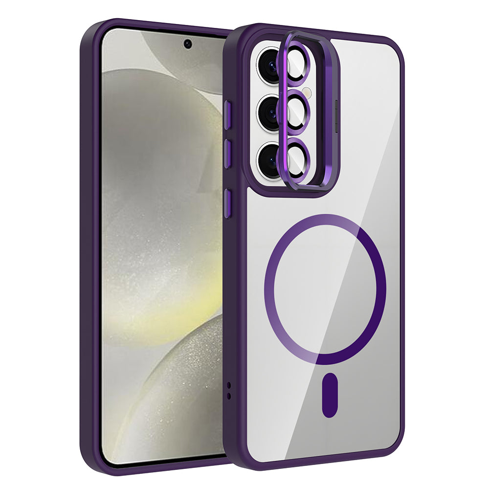 Galaxy S25 Kılıf Standlı ve Kamera Lens Hediyeli M-Safe Şarj Özellikli Zore Etro Kapak Gri