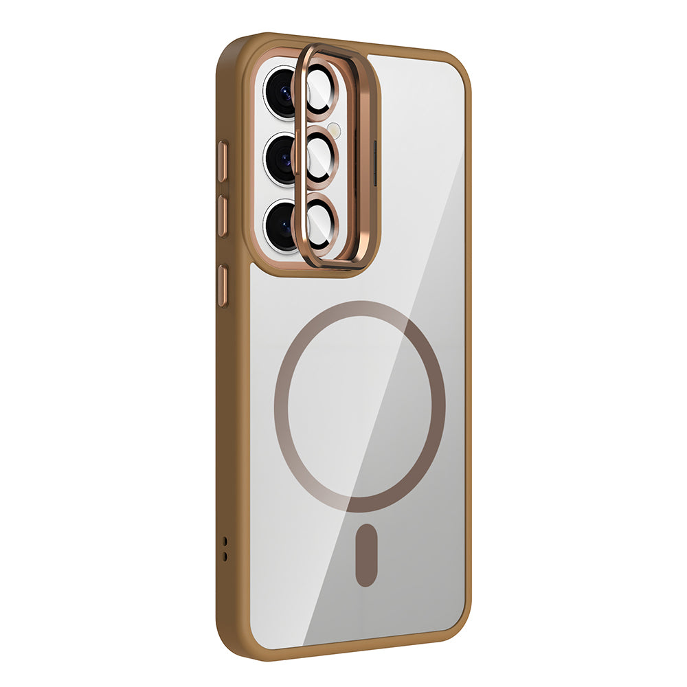 Galaxy S25 Kılıf Standlı ve Kamera Lens Hediyeli M-Safe Şarj Özellikli Zore Etro Kapak Gri