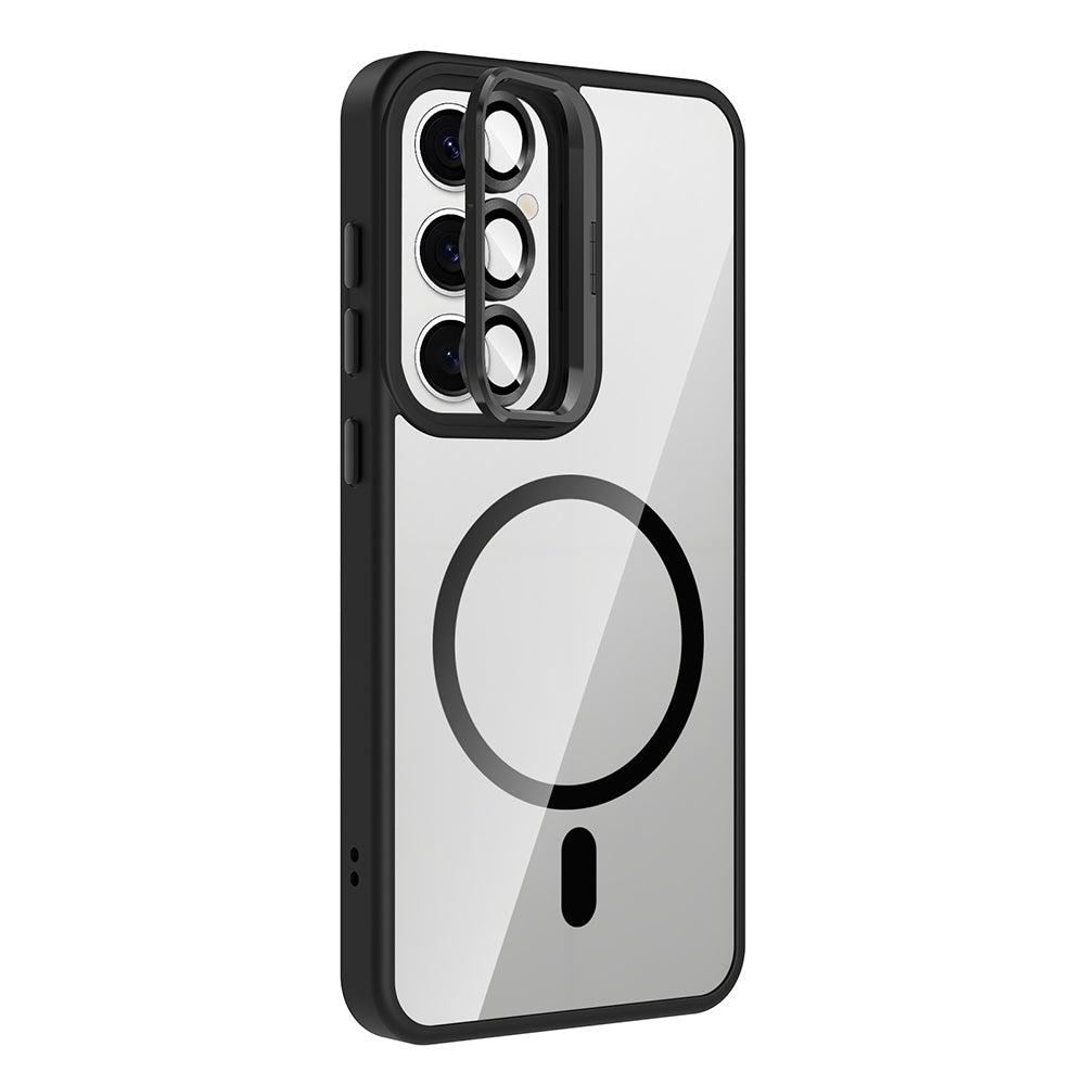Galaxy S25 Kılıf Standlı ve Kamera Lens Hediyeli M-Safe Şarj Özellikli Zore Etro Kapak Gri