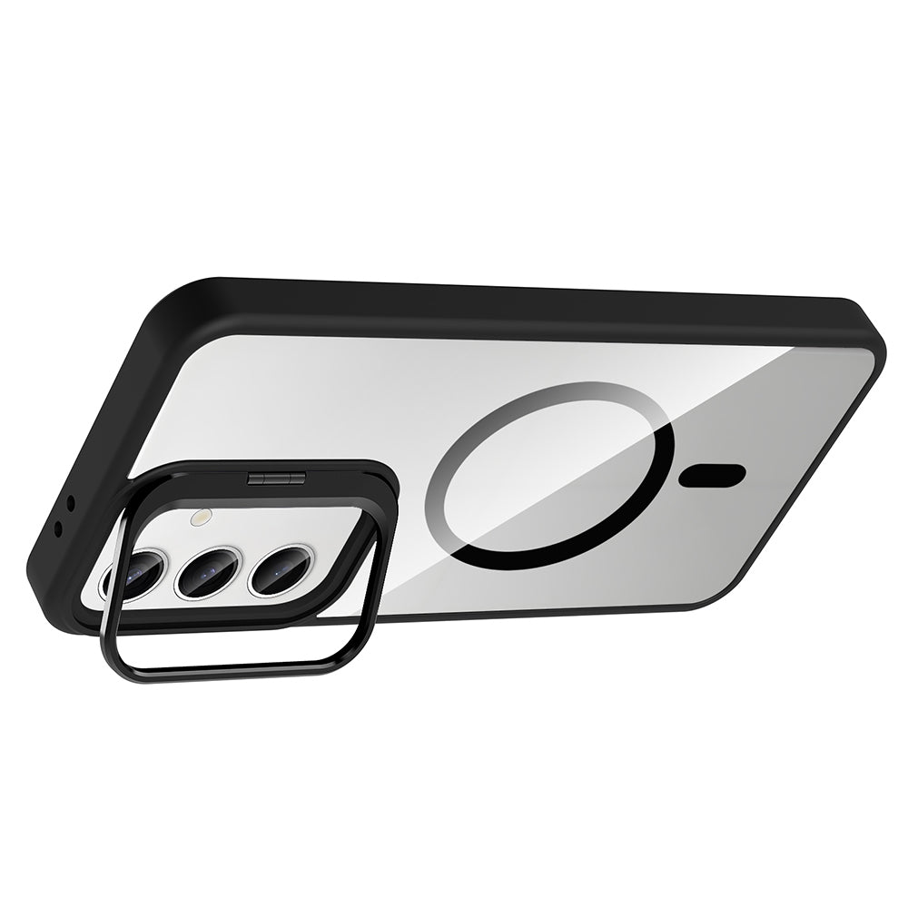 Galaxy S25 Kılıf Standlı ve Kamera Lens Hediyeli M-Safe Şarj Özellikli Zore Etro Kapak Pembe