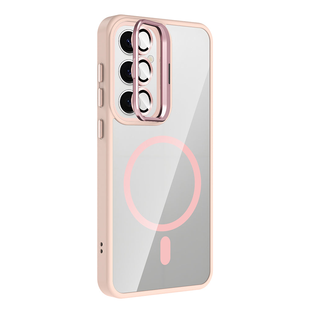 Galaxy S25 Kılıf Standlı ve Kamera Lens Hediyeli M-Safe Şarj Özellikli Zore Etro Kapak Pembe